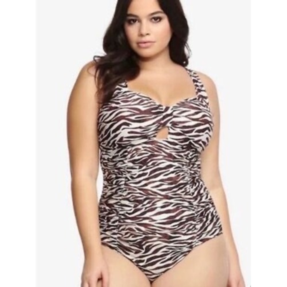 Torrid Zebra Print Ruched One Piece Swimsuit Brown White Size 4 Plus Size Halter